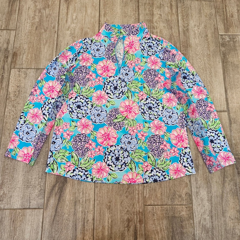 IBKUL Sun Shirt Women XL Blue Pink Floral UPF 50+ Mock Neck Quarter Zip Pullover